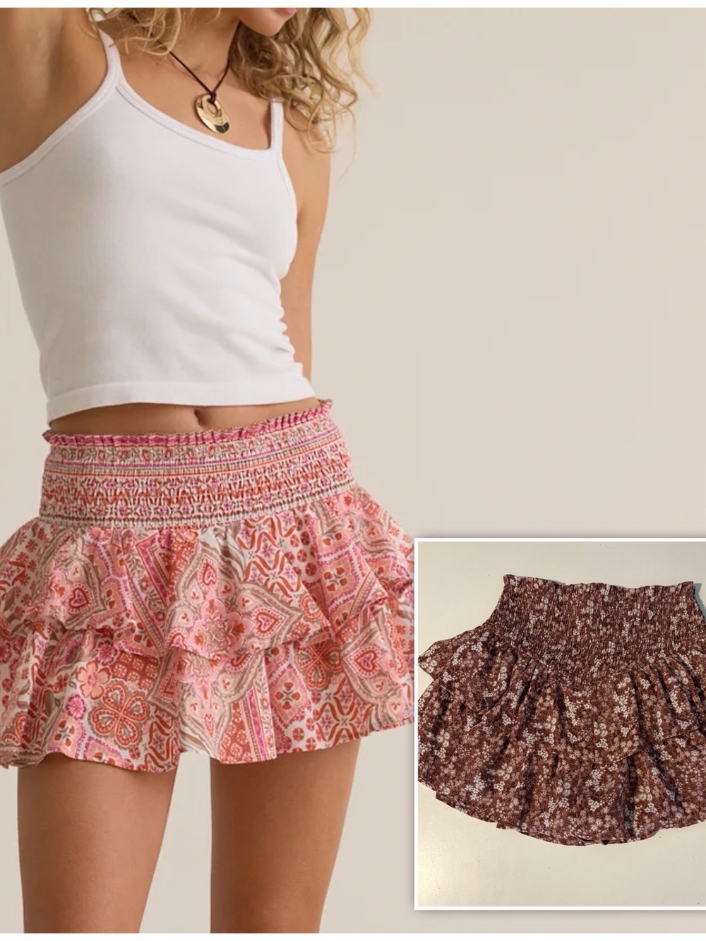 Altar’d State Smocked Ruffle Floral Mini Skirt - Brown Floral XS